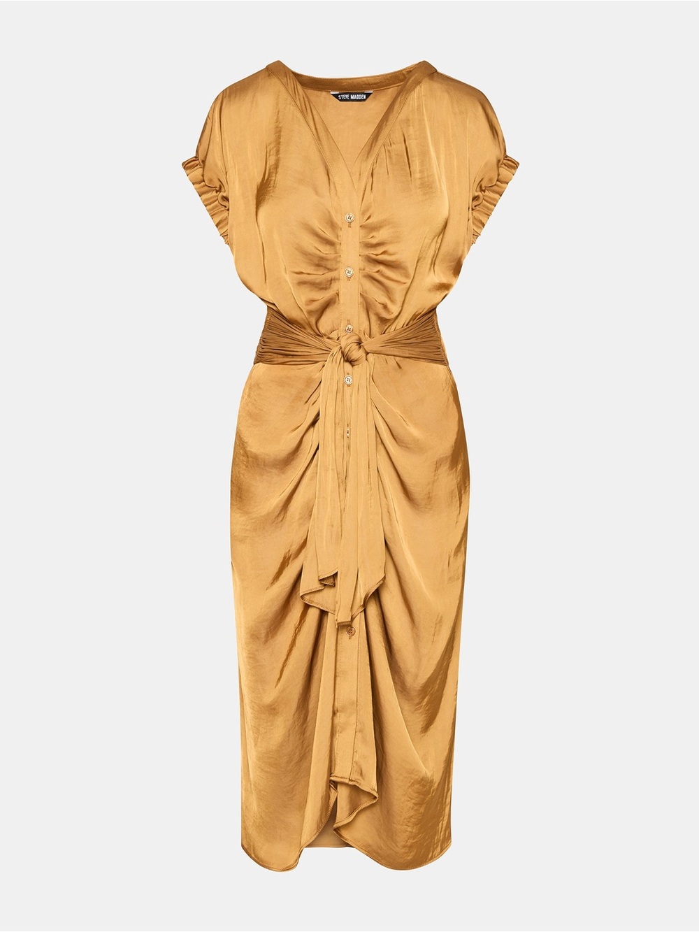 Steve Madden “Bruno” Knot-Front Satin Dress in Caramel